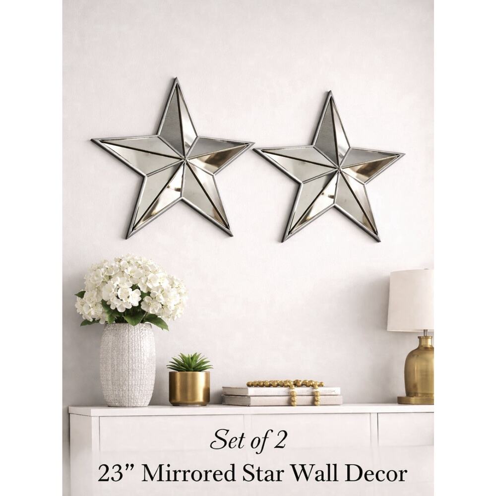 VTG 2 Mirrored & Plastic Stars Wall Decor W/ 5 Points 23”X23” Gorgeous 3D